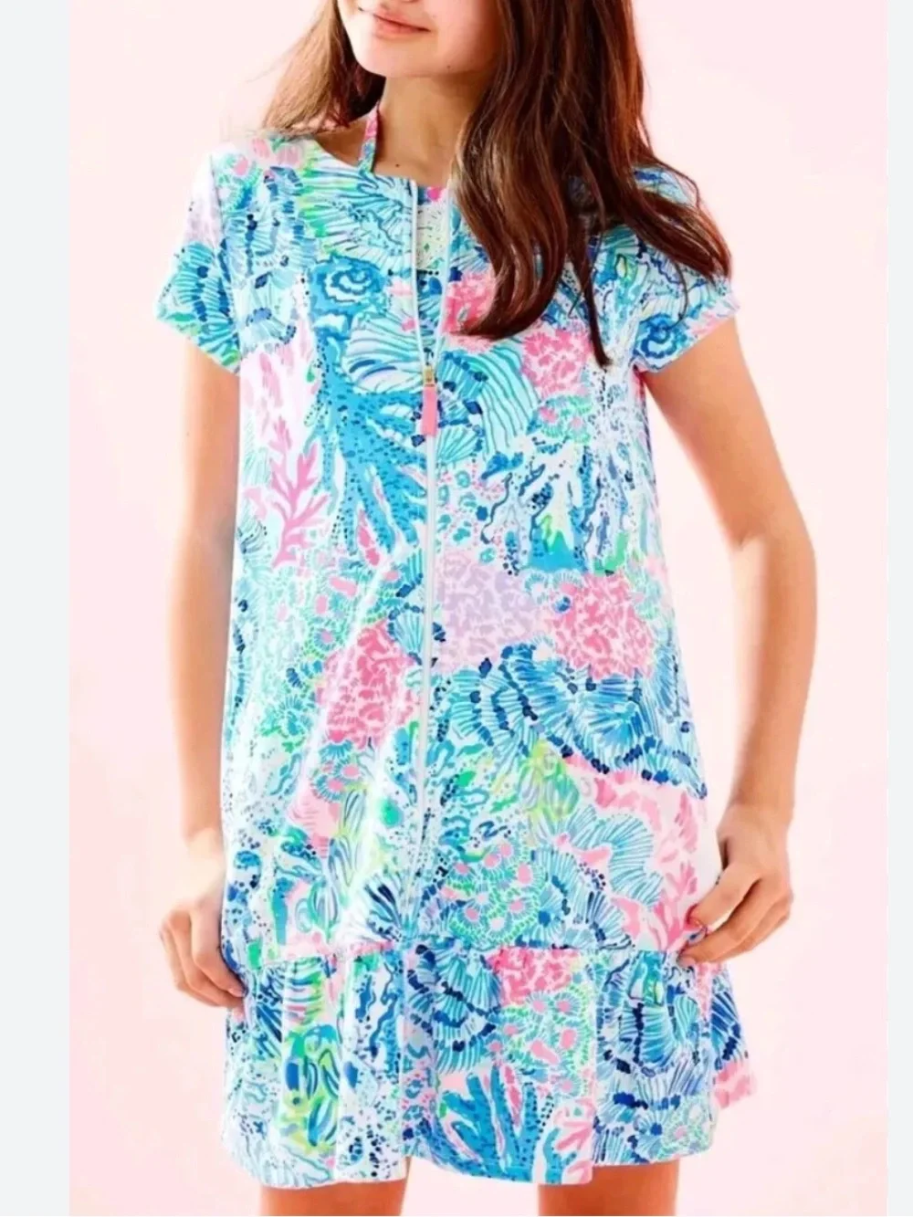 Lilly Pulitzer Girls Ivy Beach Cover Up Dress Size XL (12-14) Blue Pink Coral